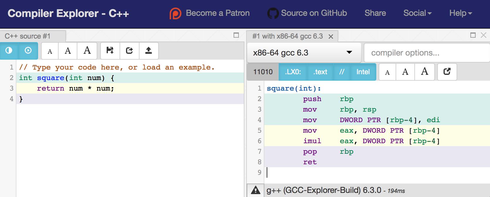 Compiler Explorerのデフォルト画面でsquare関数のコードとアセンブラ出力