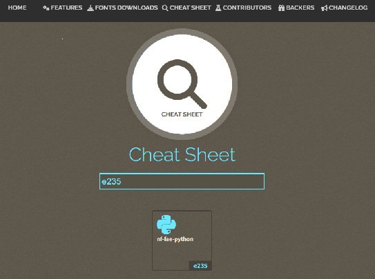 Nerd Fonts Cheat Sheetでアイコンを検索する画面